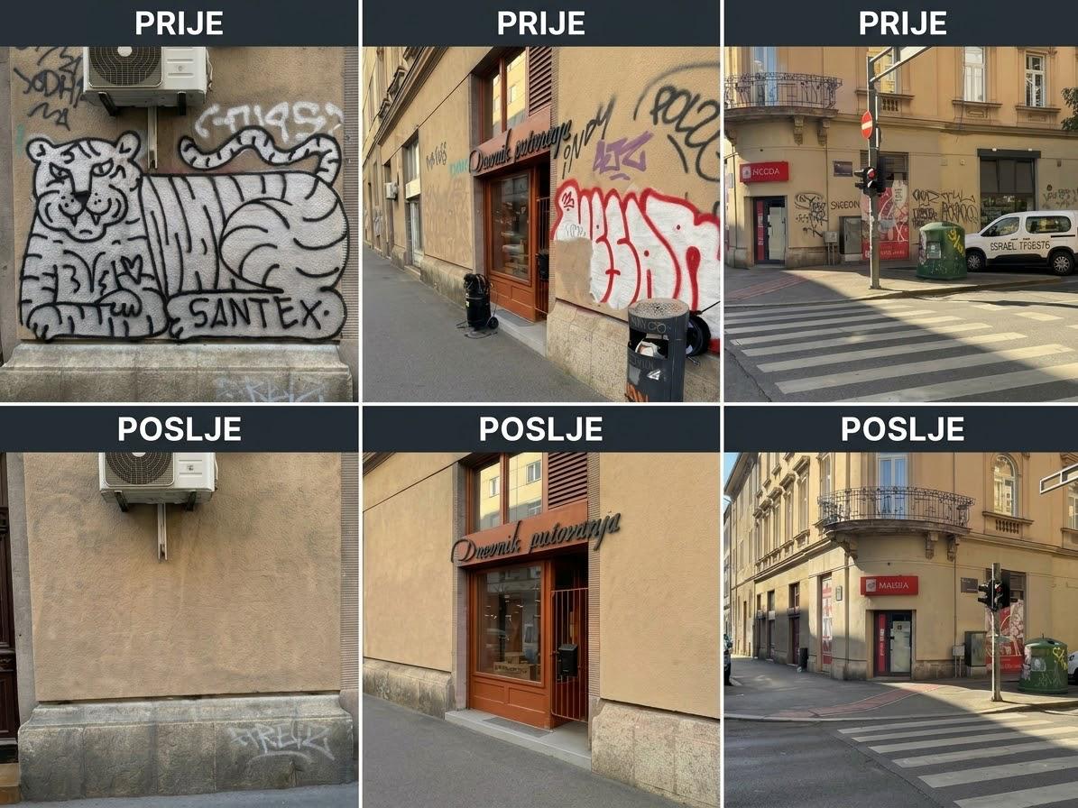 Tri fotografije grafita na žbuci prije čišćenja i tri fotografije istog objekta nakon uklanjanja grafita